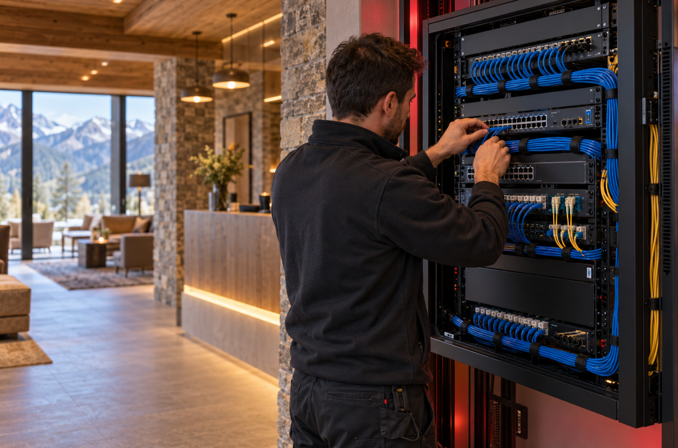 Telecomunicacions per a hotels · Imatge il·lustrativa Il·lustració d’un tècnic treballant en un rack de telecomunicacions en un hotel.